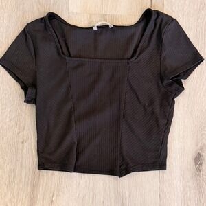 Altar'd State Womens Black Ribbed Square Neck Cropped Short Sleeve Top Size M